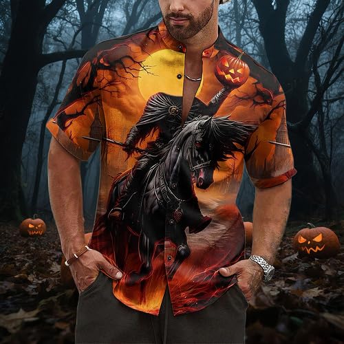 Skull Button Down Shirts for Men Novelty Headless Horseman Print Stand Collar Shirt Mens Personality Daily Streetwear3