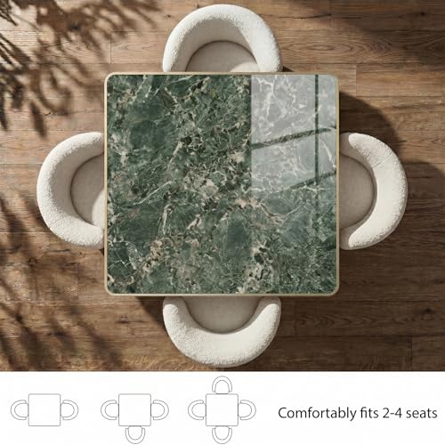 Image of 63 inch Square Dining Table, Tulip Table with 1.2 inch Thick Sintered Stone Tabletop and Golden Metal Pedestal Base, Small Square Dining Tables for Diner,Bar,Restaurant,kitchen,Bakery,Apartment (Verde Alpi)