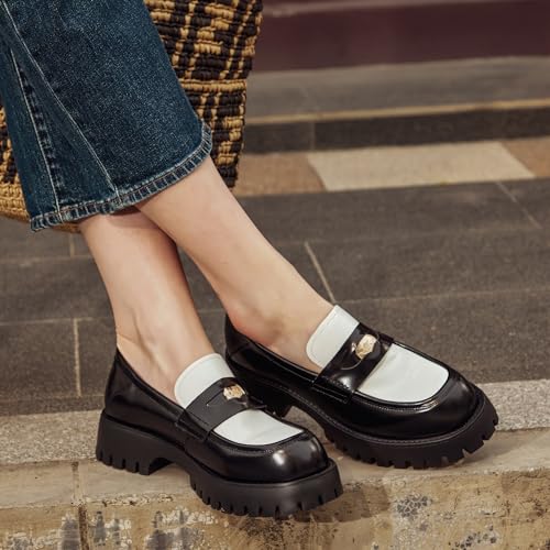 Image of BEAU TODAY Chunky Loafers Women,Patent Leather Platform Loafers for Women,Lug Sole Slip On Penny Shoes,Comfortable Work Office Business Casual Dress Shoes