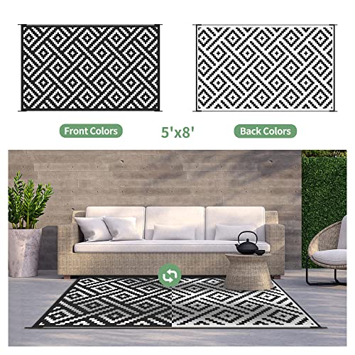 Image of GENIMO Outdoor Rug, Waterproof Plastic Rugs for Patio, 5'x8' Black White