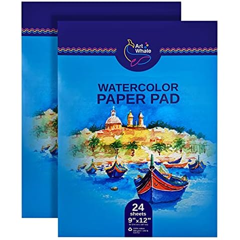 Watercolor Paper by Art Whale - Cold Pressed Paper - Textured Surface - Pack of 2 Pads - 9”x12” inches - 24 Sheets Each - 140 lb/300 GSM - Heavyweight Watercolor Painting Paper Pad, Glue Bound Cover