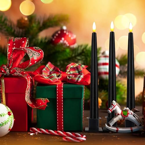 Image of CVHOMEDECO. Flameless Taper Candles with 10-Key Remote, Battery Operated Led Flickering 3D Wick Window Candles Real Wax Finished Home Christmas Party Decor 0.78 x 11 Inch, Pack of 3, Black
