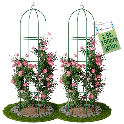 TTL Garden Obelisk Rankhilfe XL 195x40cm grün 2er Set - Rosen Rankgitter Metall rostfrei für Kletterpflanzen...