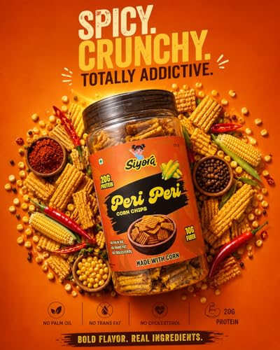 Image of SIYORA Peri Peri Corn Chips | Crunchy & Spicy Masala Snack | Multigrain Baked Chips | No Palm Oil, No Trans Fat, Zero Cholesterol | Ready-to-Eat Snack | 175 g