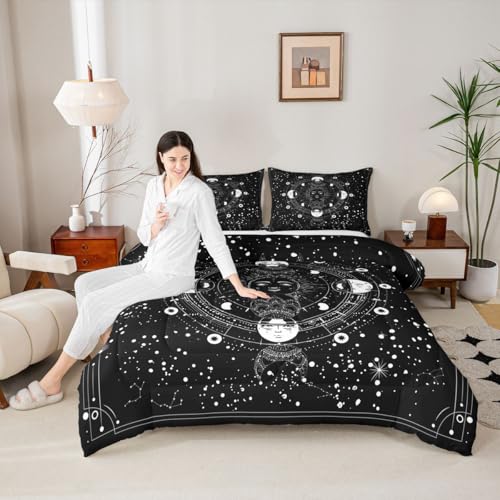 Image of Feelyou Sun Moon Comforter Queen Size Black White Psychedelic Constellation Comforter Set Boho Exotic Mandala Bedding Set Galaxy Astrology Space Duvet Set Soft Chic Mystic Star Room Decor Quilt Boys