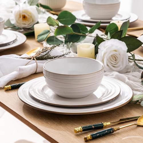 Image of GBHOME Ceramic Dinnerware Sets, 24 pcs Embossed Elegant Stoneware Plates and Bowls Sets, Housewarming Wedding Gift | Dishwasher & Microwave Safe | Dishes Set Service for 8