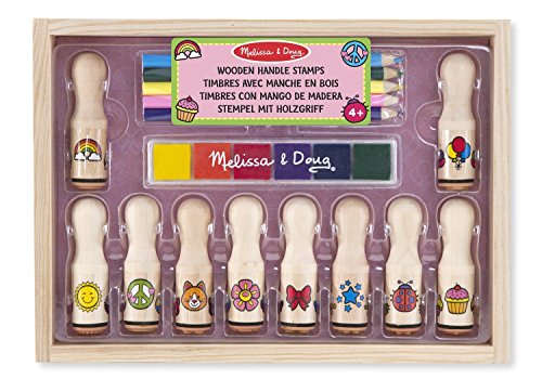 Melissa & Doug Sellos de madera Deluxe, 10 sellos con mangos fáciles de agarrar y una almohadilla multicolor para estampar, Juguete creativo de madera, Regalo para niños y niñas de 3 4 5 6 7 Años