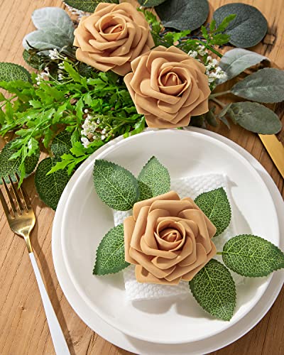 DuHouse 25Pcs Artificial Roses Flowers Fake Rose with Stems Real Touch Foam Flower Head for DIY Wedding Bridal Bouquet Baby Shower Centerpiece Floral Arrangement Party Home Decor(Light Gold) - Image 3