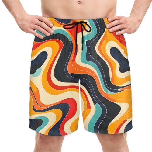 Men's Swim Trunks Size S Abstract Ripple with Mesh Lining Soft Breathable Quick Dry Beach Shorts Yellow