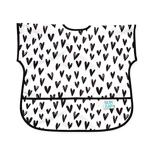 Image of Bumkins Short Sleeve Bib for Girl or Boy, Toddler and Kids for 1-3 Years, Large Size, Essential Must Have for Junior Children, Eating, Mess Saving Soft Fabric Apron for Play, Heart Black and White