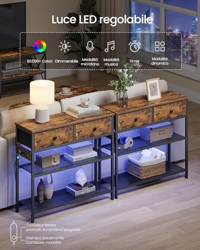 SONGMICS BELLAH Collezione - Consolle Ingresso con Multipresa, Tavolo dietro Divano con LED, Tavolo Ingresso, Soggiorno, 30 x 76,7 x 78,7 cm, 2 Cassetti in Tessuto, Marrone Vintage LGS175K102 - Immagine 4