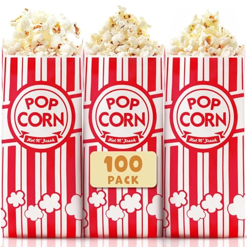 Image of Alitte Paper Popcorn Bags (100-Pack) 1 oz Individual Servings - Leakproof Bottom, Holds 4 Cups of Popcorn - Classic Red and White Stripes, for Movie Night, Carnival, Party, Theater, and Snack Bars