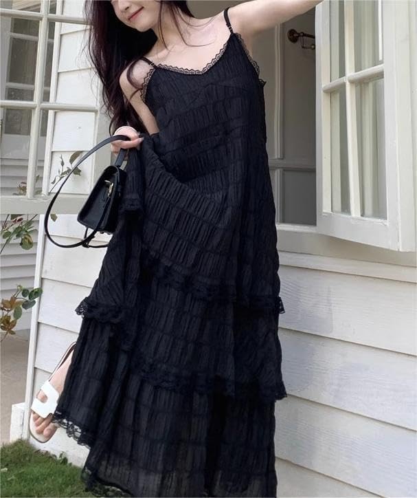 夏マキシドレス女性のためのカジュアルスパゲッティストラップノースリーブシャーリングレイヤードフリル裾ビーチバケーションロングサンドレ