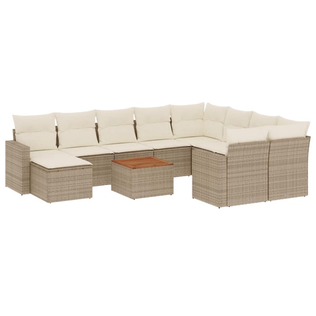 Set da 11 pezzi in polyrattan beige con cuscini, divano da giardino con imbottitura, design modulare, piano in legno di acacia, sfoderabili e lavabili
