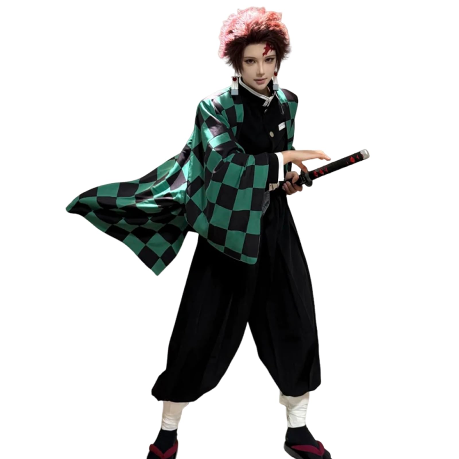 LTAKK Tanjiro Kimono Cosplay Anime Tanjiro Kimono Costume Green Kimono Outfit Carnival Halloween Party L