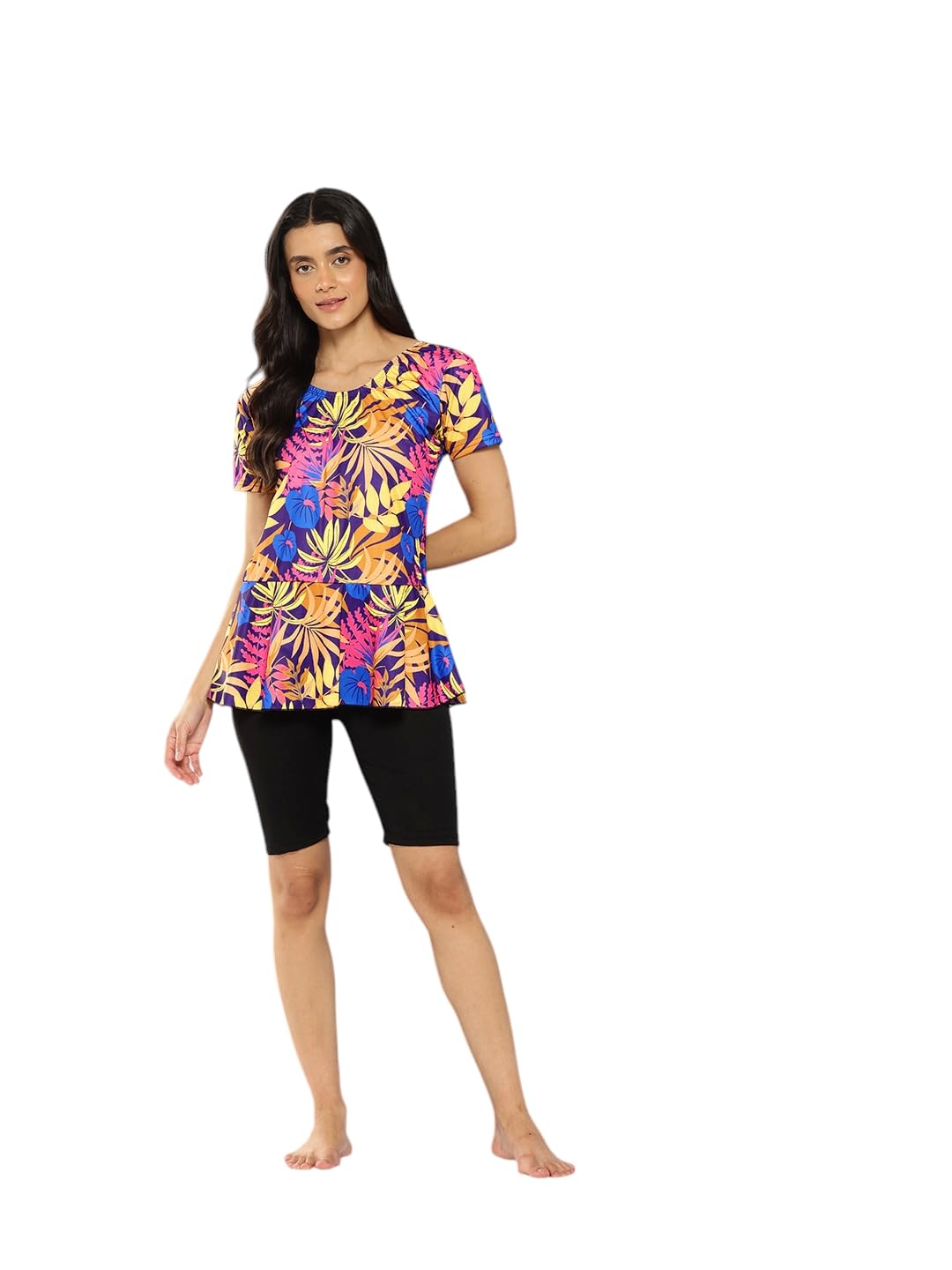Womens Sports Wear Yellow-Black Colour Floral Print Nylon Swim Suit-(XS-4XL)-(SW-W-SHM-CA-1111-YELLOW-36)-image-4