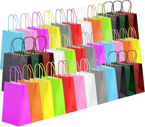 36pcs Paper Gift Bags 12 Colors Gift Bag with 36 Stickers Medium Colourful Gift Bags With Handles for Party Supplies Kids Party Baby Shower Birthday Sweet Xmas Bag 21x8x15 cm