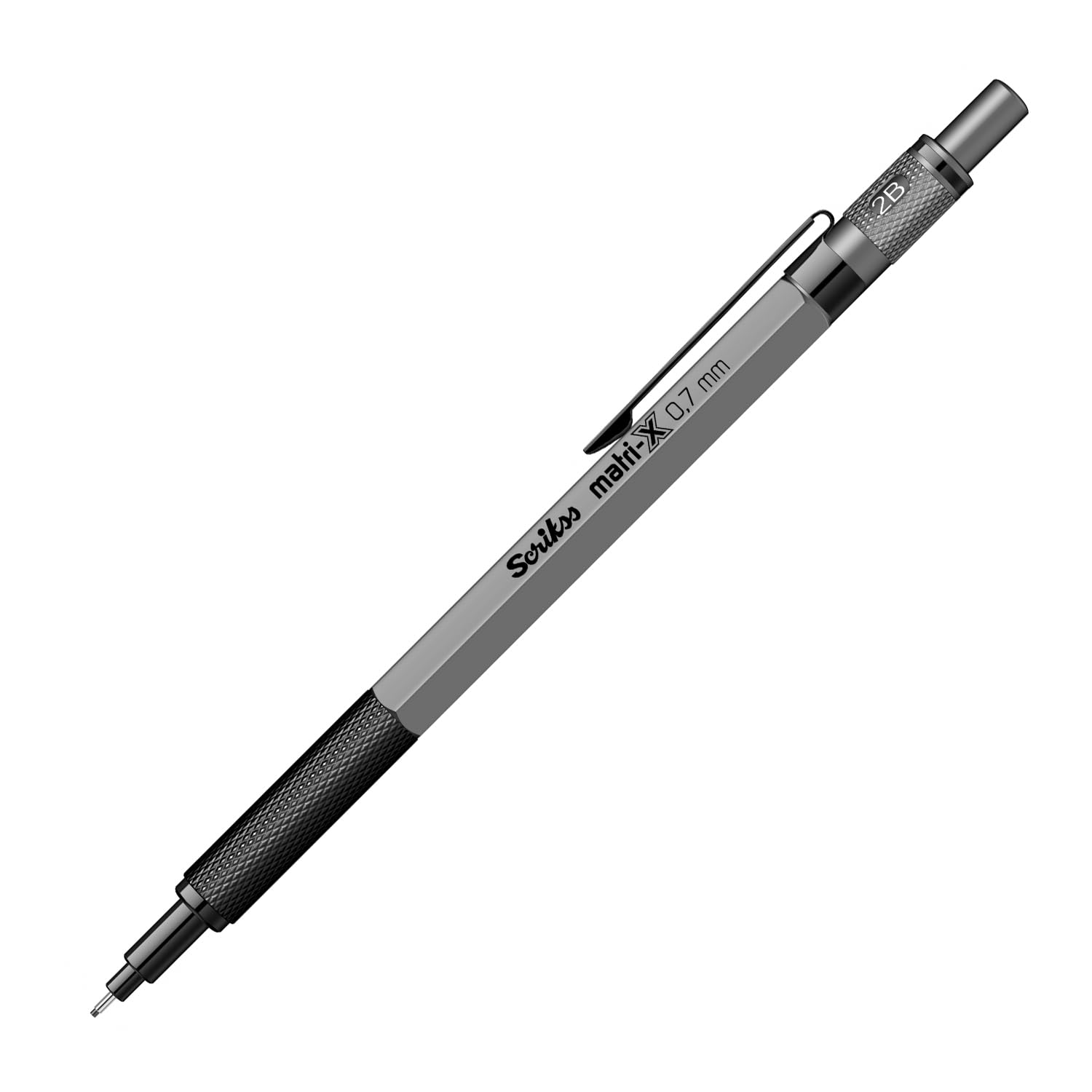 SCRIKSS Office Matri-X Mechanical Clutch Pen Pencil with 0.7mm Lead | Hexagonal Matte Grey Barrel | Mini Interchangeable Eraser Push Mechanism | Brass Grip | 88460