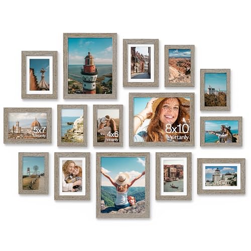Image of Vittanly 15 Pack Picture Frames Collage Wall Decor for Mounting or Tabletop Display, Gallery Frame Set for Family, Multi Sizes Including 3pcs 8x10, 6pcs 5x7, 6pcs 4x6, Grayish Brown