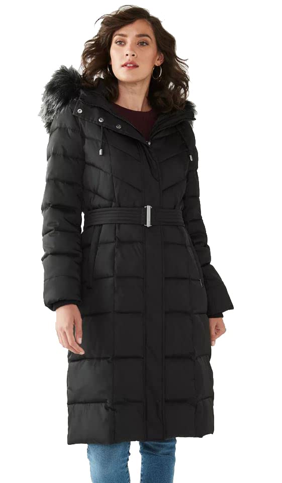 Women's Belted Faux Fur Trim Hooded Maxi Puffer