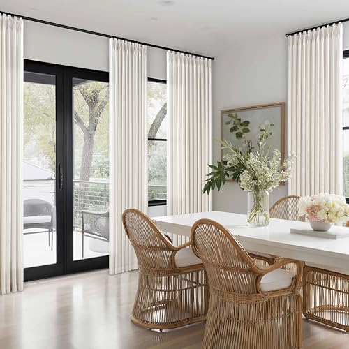 Image of 70 Inch Extra Wide Linen Curtains 96 Inches Long for Living Room | Cream Natural, Pinch Pleated, Sheer, Neutral, Boho, Light Filtering, Hooks Rings, Back Tab, Sliding Door, Bedroom, 1 Panel