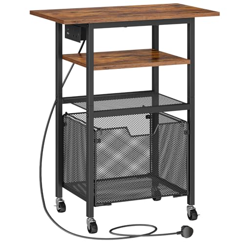 HOOBRO Printer Stand with Charging Station Rolling Printer Table with File Drawer 4-Tier Mobile Printer Cart with AC Outlet Type-C & USB-A Ports for Home Office Rustic Brown and Black EBF17KPS01