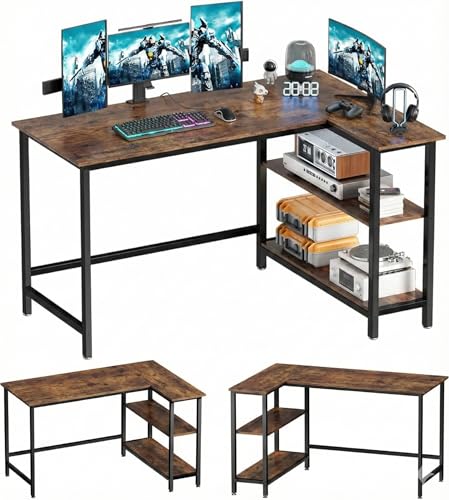 Image of L Shaped Reversible Desk| Gaming Table, Computer Corner Desk, Home Office Writing Desk with Shelf, Space-Saving Workstation Table| 130x90x75 cm| Rustic Brown