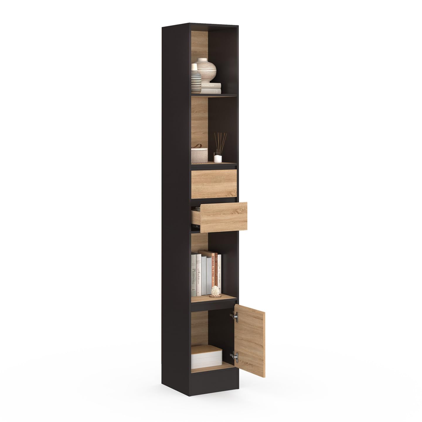 IDMarket - Libreria CARLA 3 livelli 2 cassetti 1 armadio effetto legno e nero H.190 cm