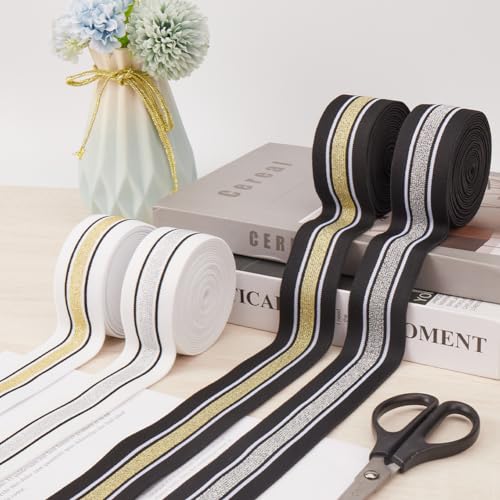 GORGECRAFT 4.3m 40mm Wide Gold and Black Striped Elastic Band White Flat Stretchy Webbing Sewing Knitting Strap Trim Ribbon for DIY Craft Waistband Headband Bags Garments Accessory - Image 4