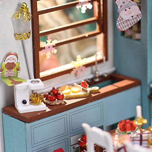 Christmas Doll House Miniature Dollhouse Kit DIY Wooden Mini House Model Dollhouse Accessories with Furniture Set Toy Plus Dust Proof Cover Assembled Cabin Handcrafts Educational Toys for Kids Adults