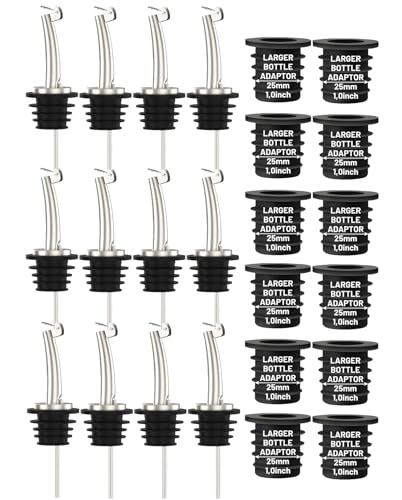 12-Pack Auto Flip Liquor Bottle Pourers with Adapters, Liquor Pour Spout Adapters set for for Large Olive Oil Bottles and Liquor Bottles - Up to 1 Inch/25mm Neck Converts Spout into Large Pour Spout