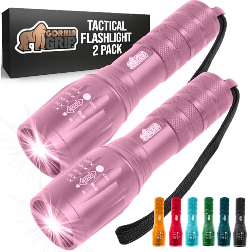 GORILLA GRIP Powerful LED 750 FT Water Resistant 5 Adjustable Mode Tactical Flashlight High Lumens Ultra Bright Battery Zoom Flashlights Small Camping Car Mini Flash Light Accessories 2 Pack Pink