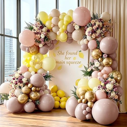 Image of Dusty Pink Yellow Balloon Arch, Double Stuffed Mauve Blush Cream White Gold Balloon Garland Kit for Boho Baby Shower Birthday Bridal Wedding Bee Lemon Graduation Party Decorations