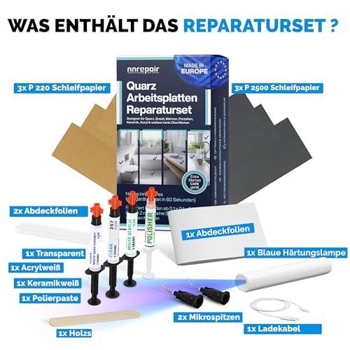 Nnrepair Quartz Countertop Repair Kit DIY (Clear, White Acrylic & Dark White Color) - Fix Your Defect Like a Pro I Suitable for Most Repairs I Fix Broken Chips in Minutes