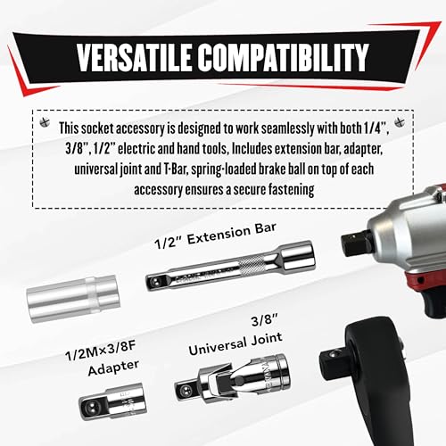 Image of YIYITOOLS 25Pcs Drive Tool Accessory Kit, 1 /4 inch 3 /8 inch 1 /2 inch Socket Accessories, Extension Bar, Adapter, Universal Joint & T-Bar, Professional CR-V Steel Construction