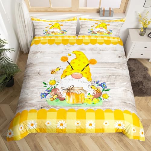 Erosebridal Cute Bee Gnome Queen Comforter Cover for Kids Boys Girls,Yellow Kawaii Spring Gnome Duvet Cover,Farm Honeycomb Honey Can Quilt Cover,Cartoon Dwarf Daisy Floral Bedding Set Room Decor,3Pcs