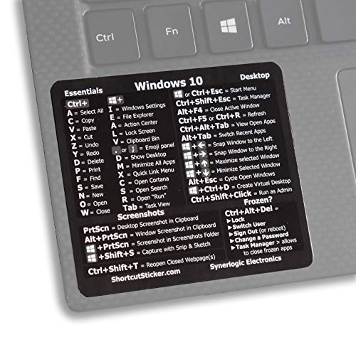 SYNERLOGIC Windows 10 Reference Keyboard Shortcut Sticker - Black VINYL 3\"x2.75\" Cheat Sheet for any 14\" and larger PC laptop compatible brands Dell HP Sony Toshiba Asus Acer Compaq MSI Razer and more