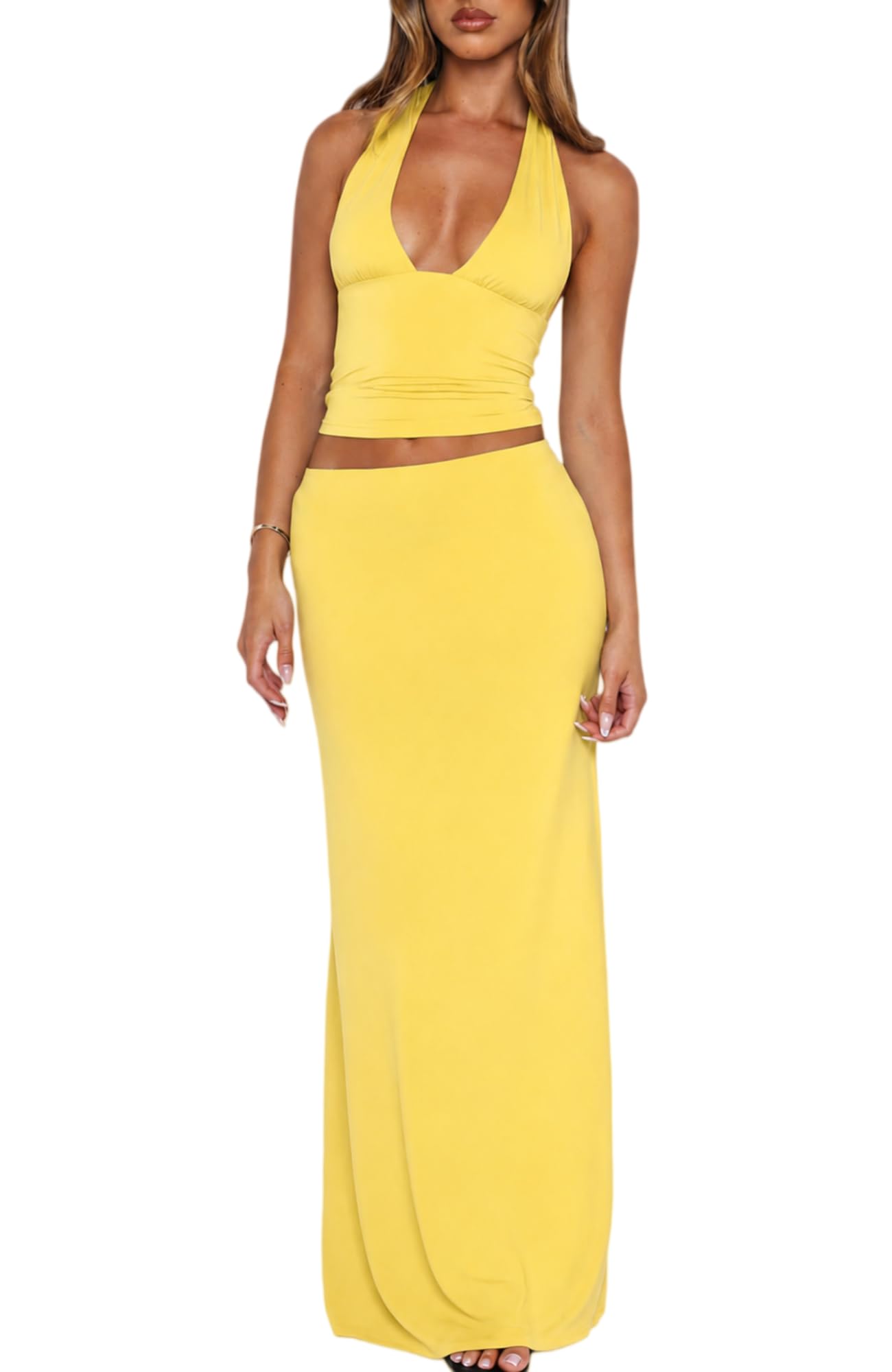 Womens Two Piece Sets Halter Top Maxi Skirt Set Vacation Outfits
