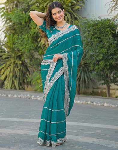 Image of SIRIL Women's Shimmer Chiffon Scalloped Border Sequins Embroidery Saree With Unstitched Blouse Piece