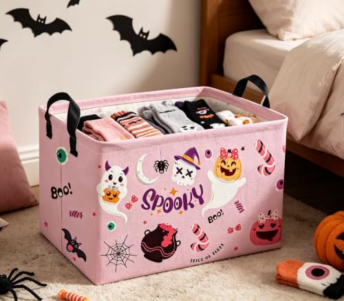 Image of Rectangle Kids Baskets Halloween Basket Pink Storage Bin Fish Box for Room Decor Gift Basket(Pink halloween)