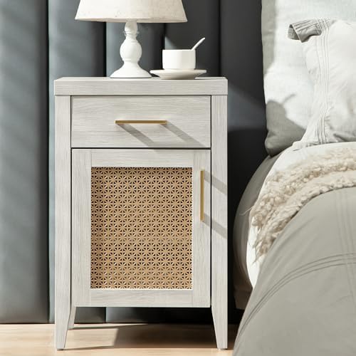 SICOTAS Tall Night Stand with Drawer, Modern Farmhouse Nightstand Wood Bed Side Table with Gold Mesh Door and Adjustable Storage Shelf, Large End Table for Bedroom Living Room, Whitish-Gray Oak