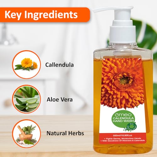 Image of Omeo Calendula Handwash Liquid Pump Bottle 500ml for Germs Free, Soft & Moisturized Hand with Aloe Vera & Calendula | Tough on Germs & Dirt | Safe for All Types Skin, Daily Use Hand Wash