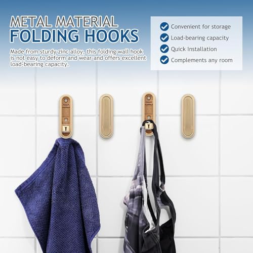 4PCS Gold Foldable Wall Hooks, Metal Foldable Hooks Wall Wount for Bathroom, Kitchen, Bedroom – Space-Saving, for Towels, Coats, Bags, Easy Installation (4, Gold) - Image 5