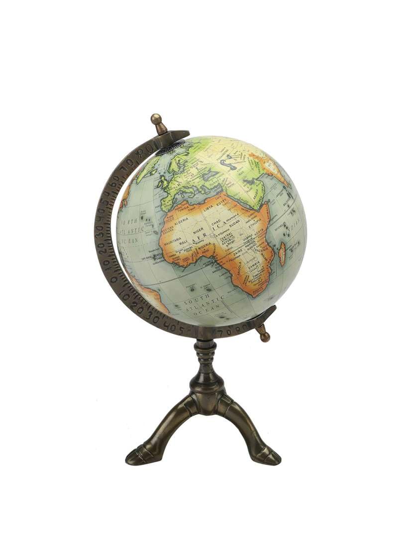 World Classic Antique Brass Educational Globe With A Solid Base, Rotating World Globe - Modern Map in Vintage Colour, Stainless Steel Arc and Base for School, Home, and Office Decor