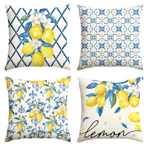CharmBurst 4 pièces Housse de Coussin Citron 45x45, Coussins déco extérieurs résistants aux intempéries, Housses de Coussins décoratifs Citron carrés,...
