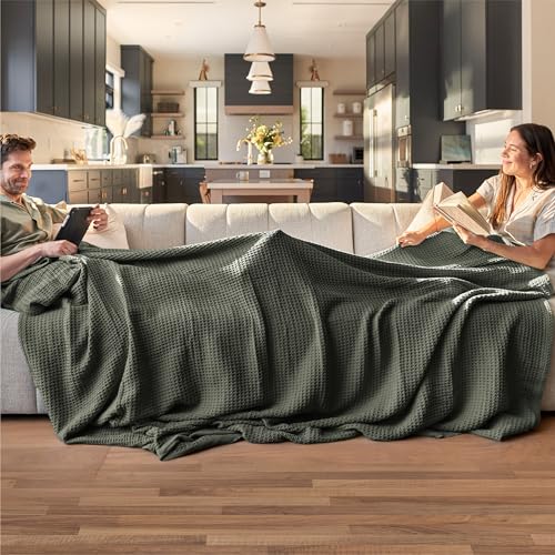 Image of Bedsure 100% Cotton Throw Blanket for Couch 50x70 inches - Cooling Breathable and Soft for Summer, Waffle Weave Throw Blanket for Office, Olive Green