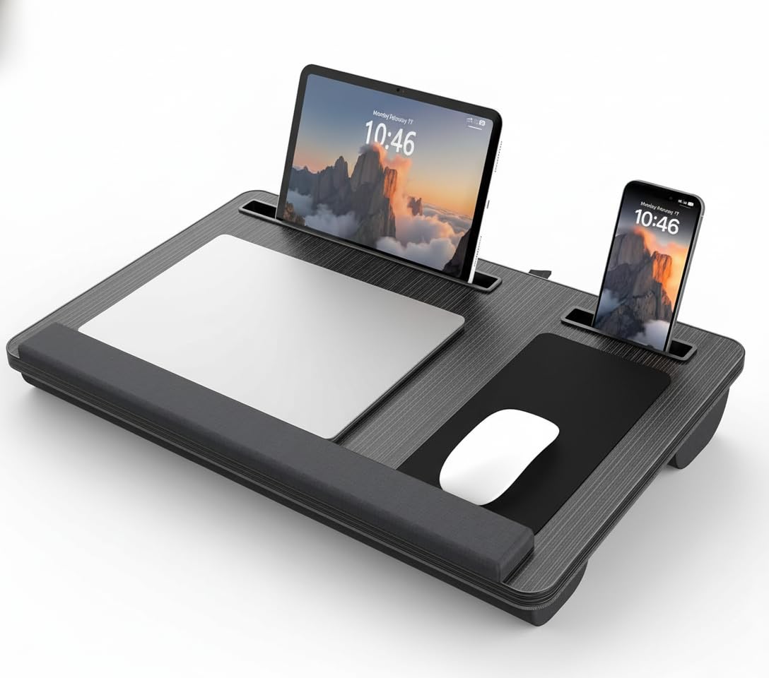 Tarkan Lap Desk with Dual Cushion, Mobile Stand, Mouse Pad & Wrist Rest for Upto 15.6 Inch Laptop for Home, Office (Black Wood)-picture-21