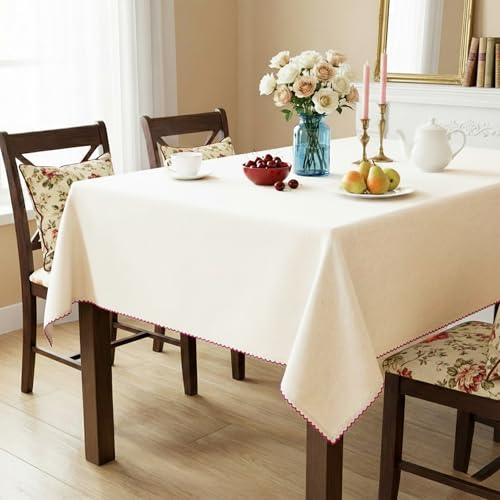 Image of Embroidered Edge Trim Tablecloth - (100% Cotton) 8 Seater Rectangle Tabelcloth- Milk Cream