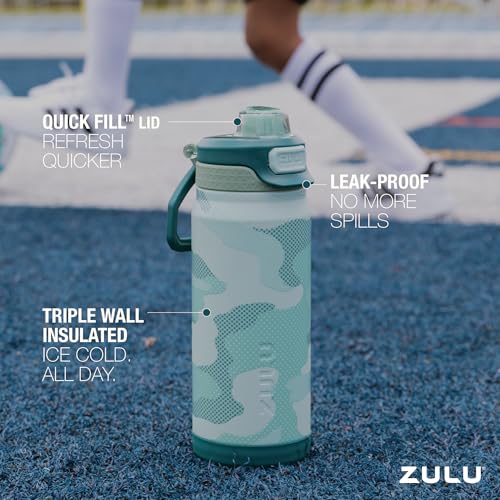 Image of ZULU Powerfill Pro 18oz Kids Stainless Steel Water Bottle with Quick Fill Lid, Triple Wall Vacuum Insulated, Leak Proof Locking Lid, Sip & Chug, Reusable, BPA Free, Dishwasher Safe, Green Camo