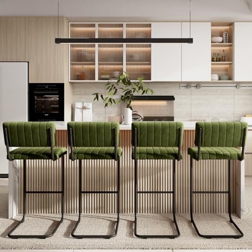 Image of ONEVOG 30 inch Seat Height Green Bar Stools Set of 4, Mid-Century Modern Cantilever Bar Chairs for Counter Kitchen Islands, Upholstered Velvet Fabric Barstools with Back and Matte Metal Legs, Olive Green